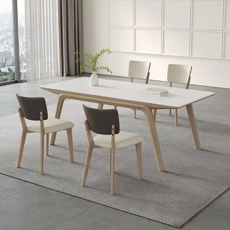 Stone Dining Table Set with Ash Wood Frame 1/4/5/7 Pcs Contemporary White Dining Set