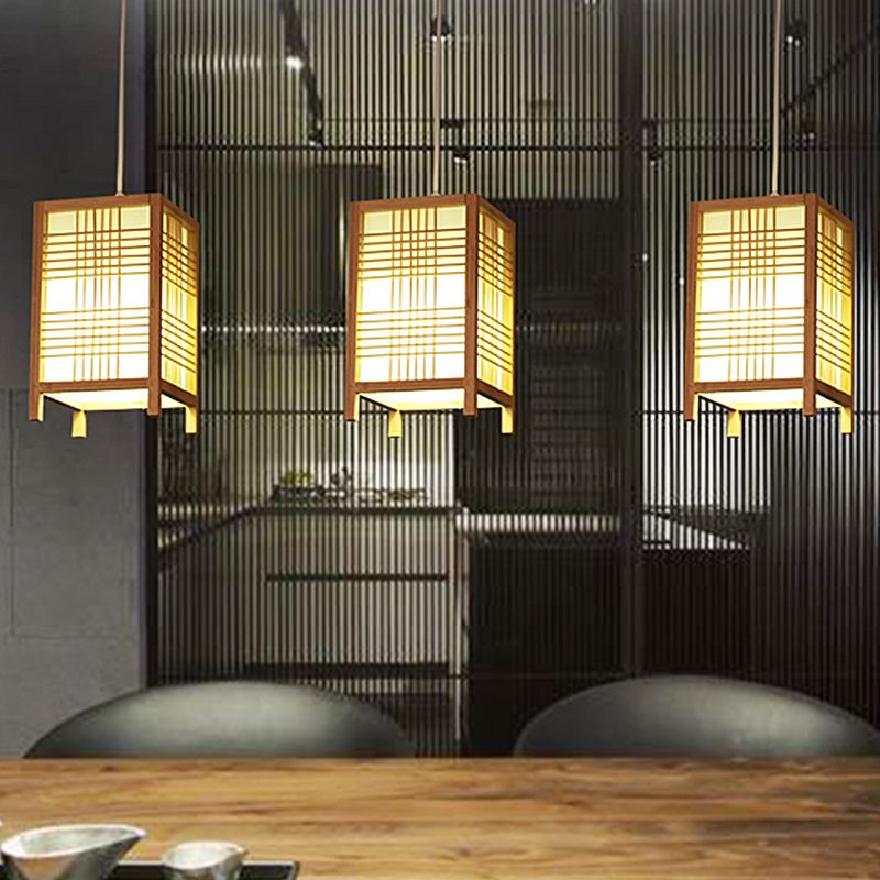 Chinesische rechteckige Anhängerbeleuchtung Holz 1 Glühbirne Hanging Deckenlicht in Beige für die Teestube