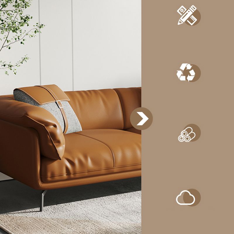 Modern Style Square Armrest Padded Down Seat Orange Leather Sofa