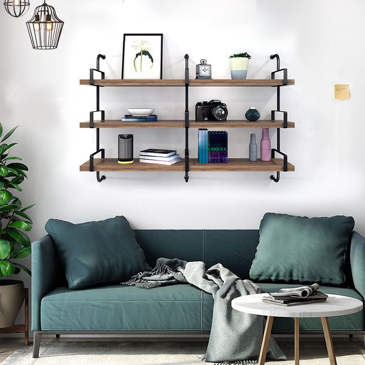 Contemporary Pine Solid Wood Bookcase Wall Mounted Metal Frame Closed Back Bookshelf