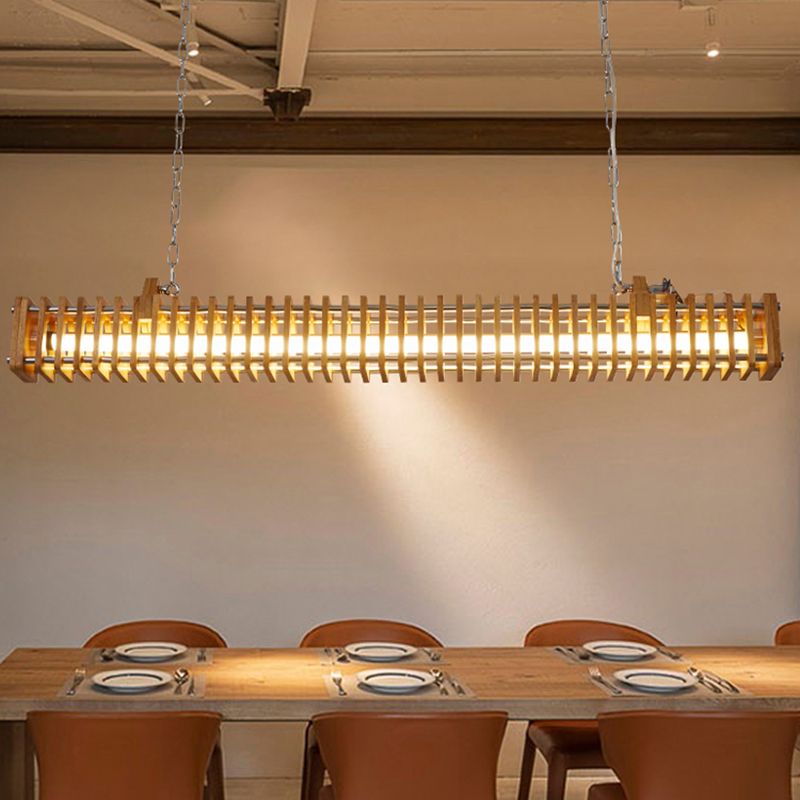 Modern Metal Ceiling Light Rectangle Shape Island Light with Wood Shade for Living Room