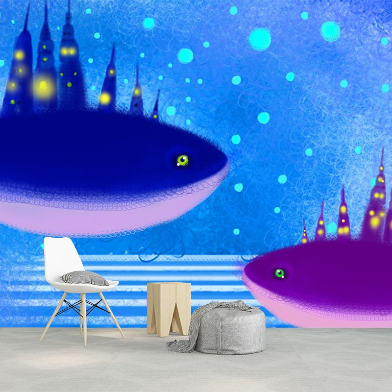 Huge Whale Castle Wall Mural Blue-Purple Non-Woven Wall Decor, Stain Resistant, Custom Print