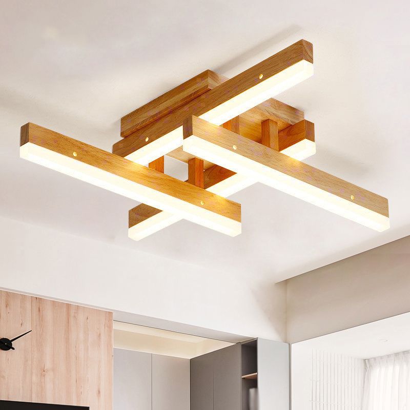Rettangolare Soggiorno Semi Luce di Flush In Legno Contemporaneo LED Lampada da Soffitto, Beige