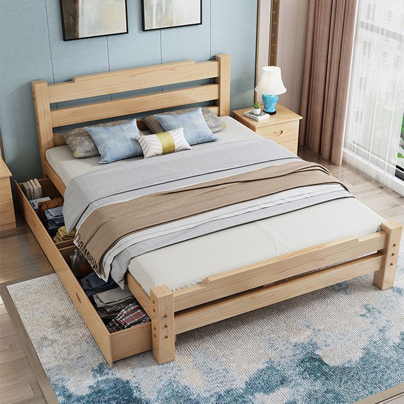 Pine Wood Bed in Light Brone Scandinavian Bed with Headboard