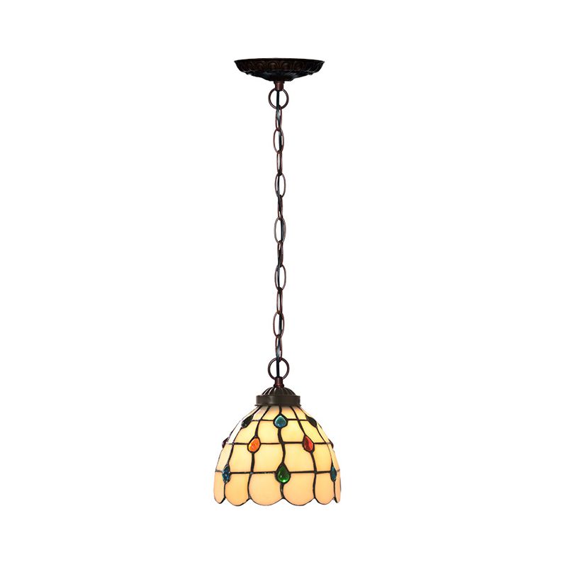 Wit glas koperen suspensie licht rooster koepel 1 licht Victoriaanse hangende lampkit met edelsteenpatroon