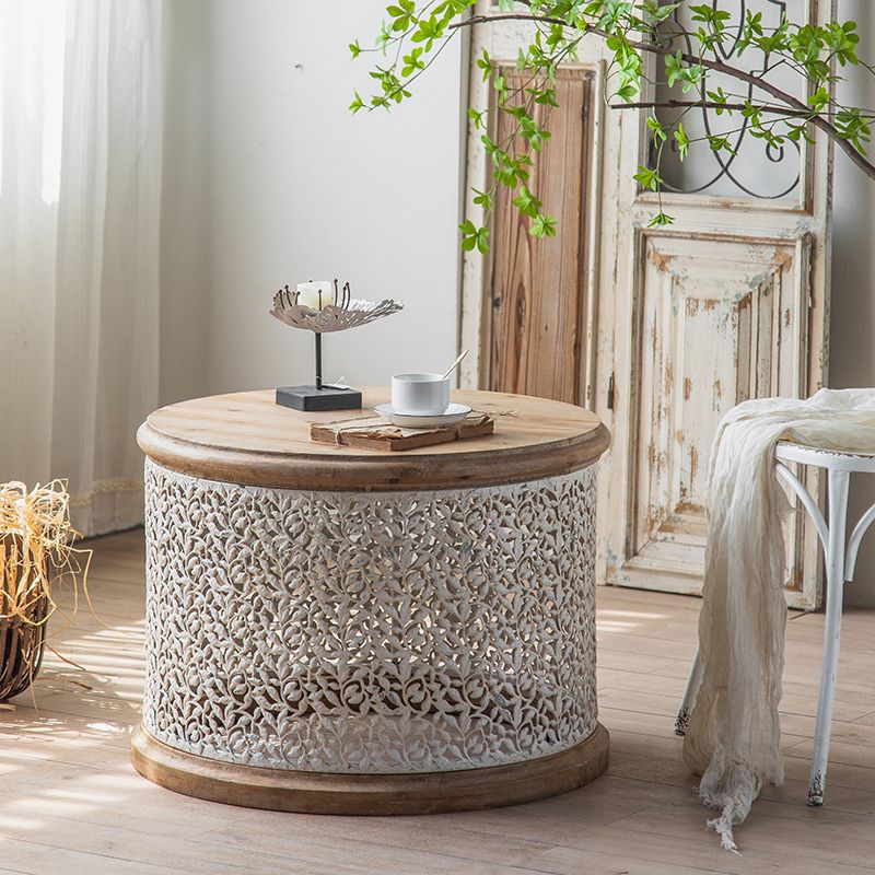 French Country Round Distressed Coffee Table Solid Wood Cocktail Table