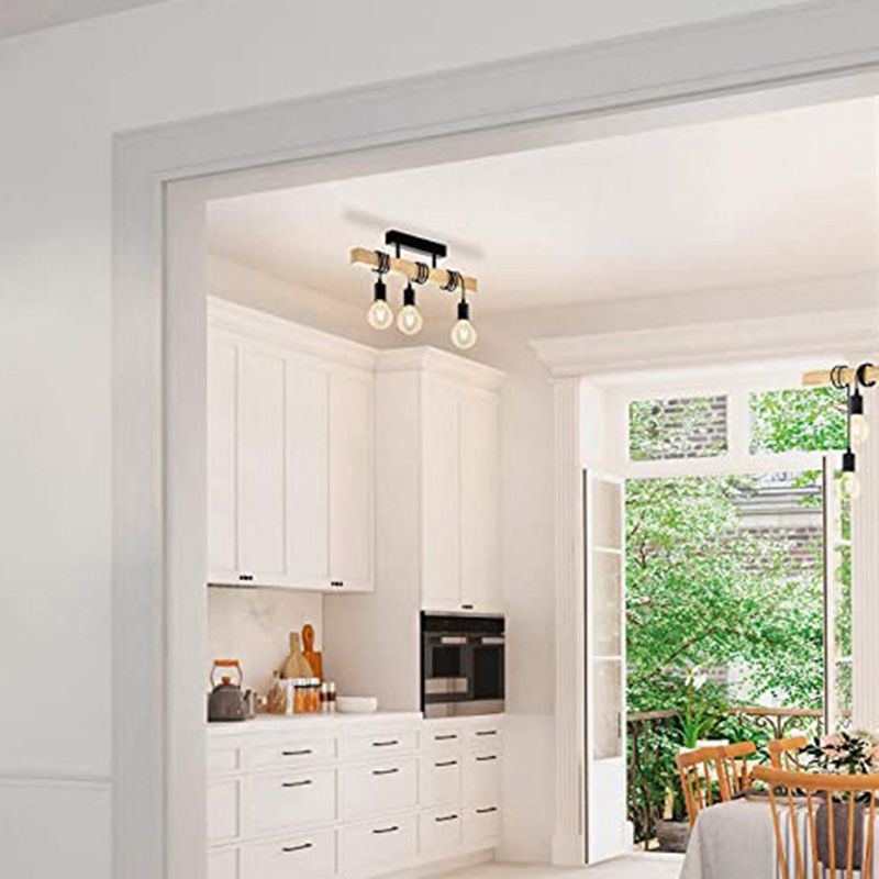 Bare Bulb Island Lighting Fixtures Wood Retro Industrial Style Pendant Lighting Fixtures for Restaurant