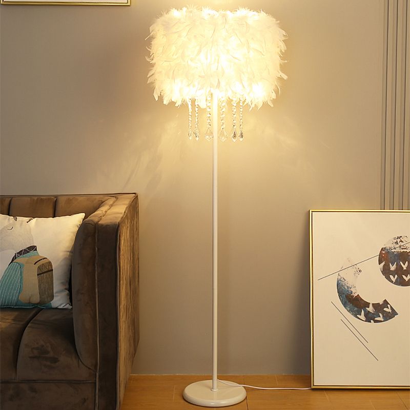 Drum Floor Reading Light Simplicity Feather 1-Light White Gooseneck/Straight Stand Up Lamp with/without Crystal Drape