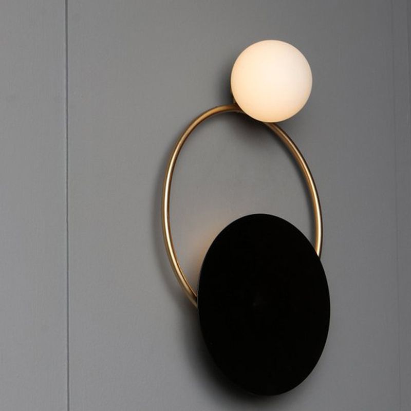 Metal Planet Wall Mount Lamp Modernism 1 Light Black Finish Opal Glass Wall Light Fixture