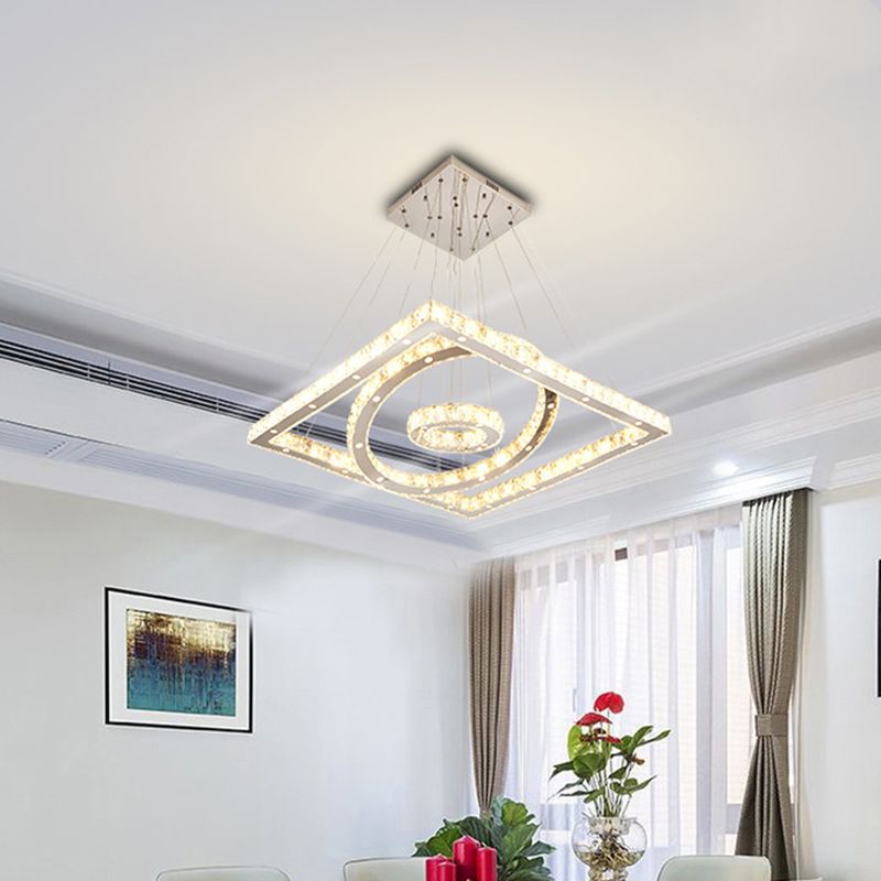 LED Living Room Ceiling Lamp Simple Stainless-Steel Chandelier with Round and Square Crystal Shade in Warm/White Light