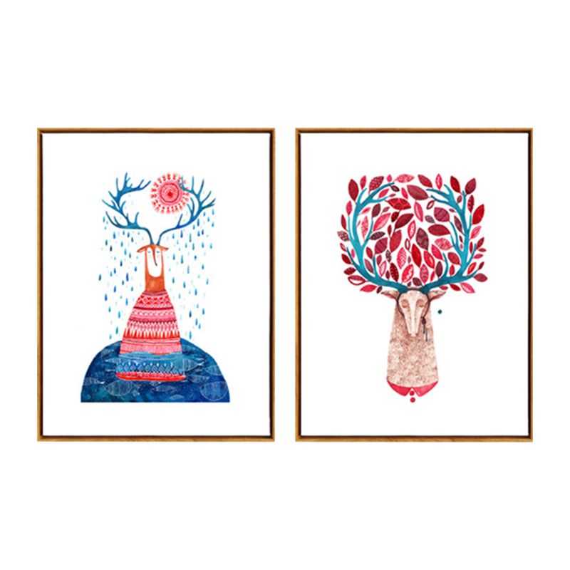 Pink Deers Wall Art Set Textured Nordic Style Sitting Room Canvas Print on White