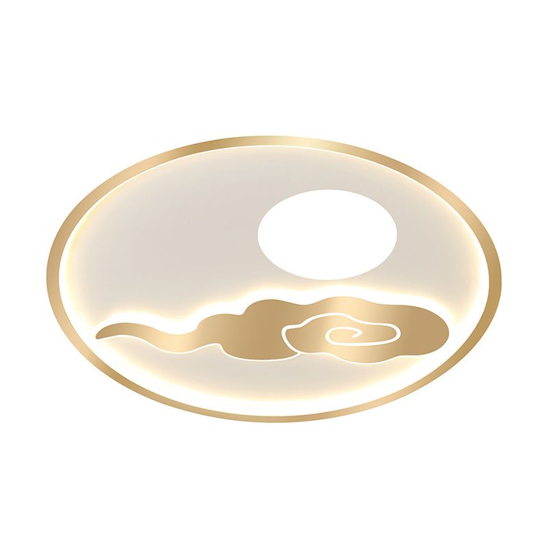 Simple Circle Flush Mount Acrylic LED Bedroom Ceiling Lighting with Moon and Cloud Design in Gold, Warm/White Light