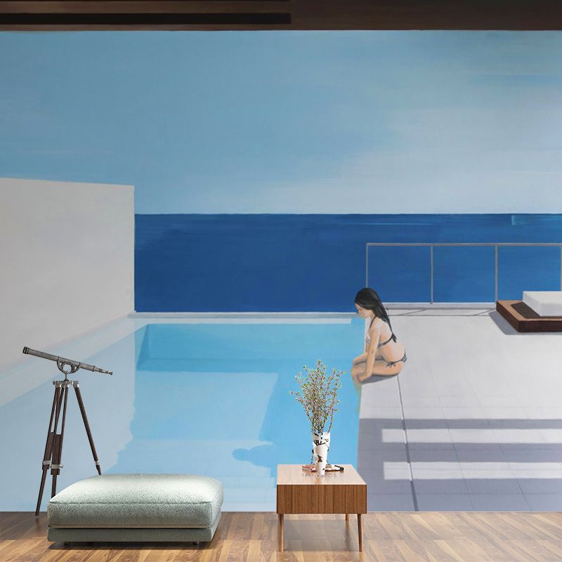 Whole Art Deco Wallpaper Murals Blue-White Sit Alone in Pool Drawing Wall Covering, Size Optional