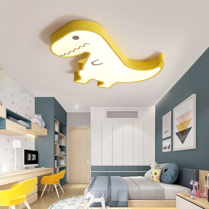 LED Bedroom Flush Mount Light with Dinosaur Acrylic Shade Cartoon Style Yellow/White Ceiling Lighting, Warm/White Light