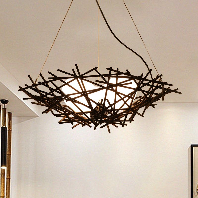 Iluminación de araña de nido bambú japonesa 18 "/22" de ancho 3 bombillas Lámpara de suspensión de techo de café