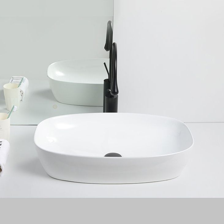 Contemporary Bathroom Sink Porcelain Solid Color Rectangular Vessel with Pop-Up Drain