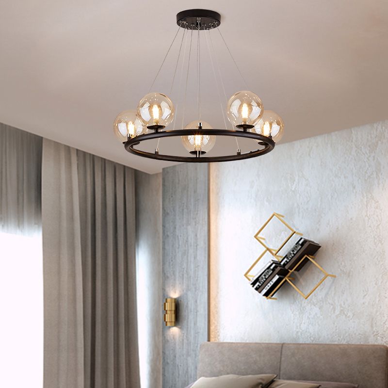 Circular Metal Pendant Chandelier Postmodern Suspension Light Fixture with Ball Glass Shade