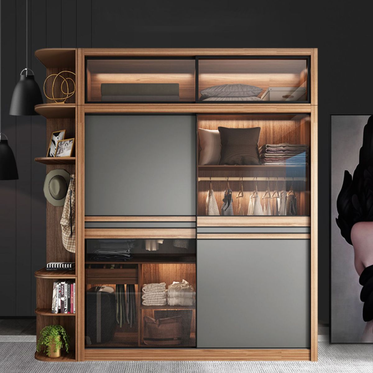 Brown and Gray Storage Cabinet Modern Sliding Door Cabinet with Drawers