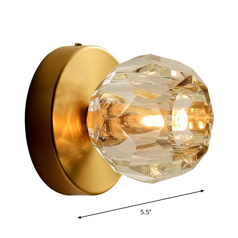 1 Head Living Room Wall Light Contemporary Style Golden Wall Mount Lamp with Faceted Global Clear Glass Shade