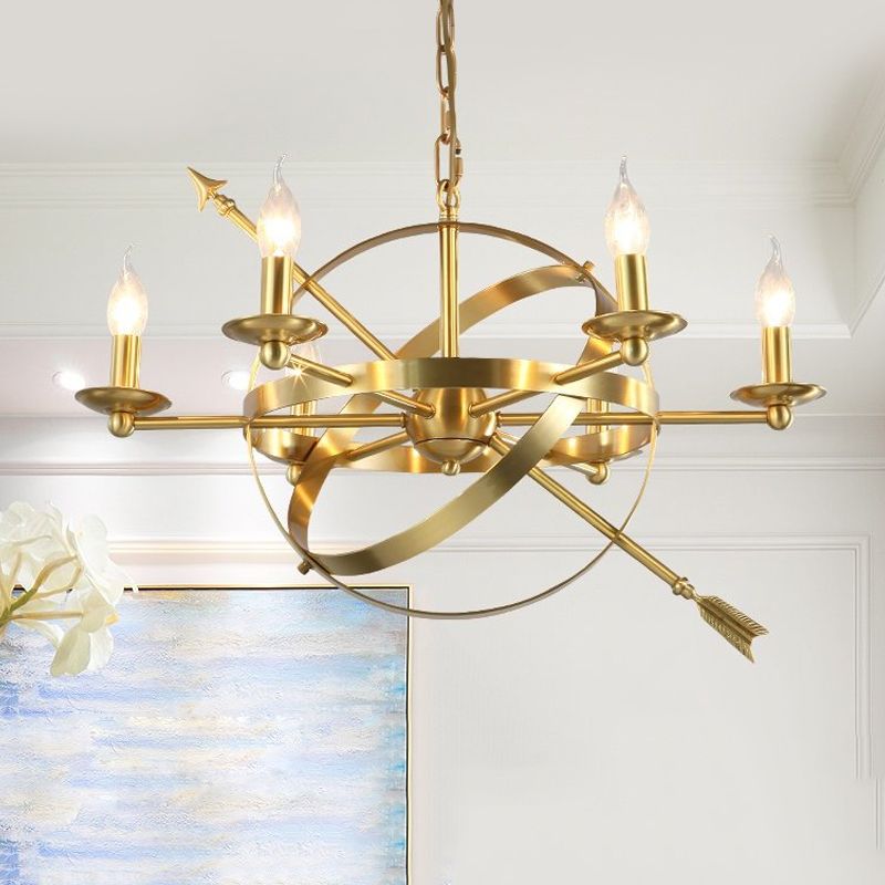 Gold 6 Lights Pendant Chandelier Classic Metal Candle-Style Hanging Light for Living Room