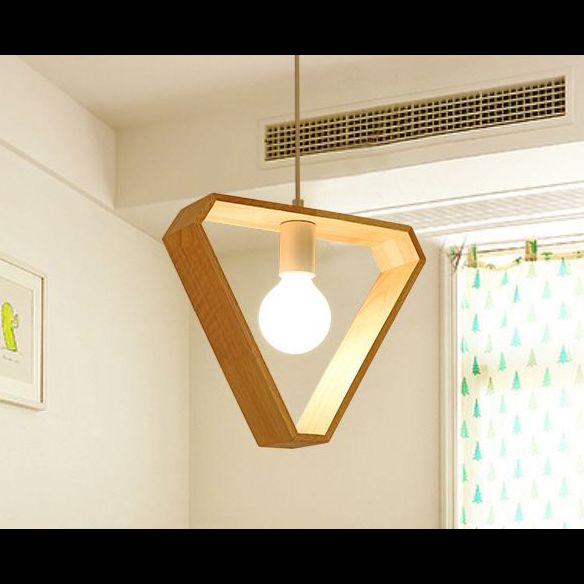 Simple Geometric Wooden Pendant Light Fixture Single Light Exposed Bulb Hanging Light