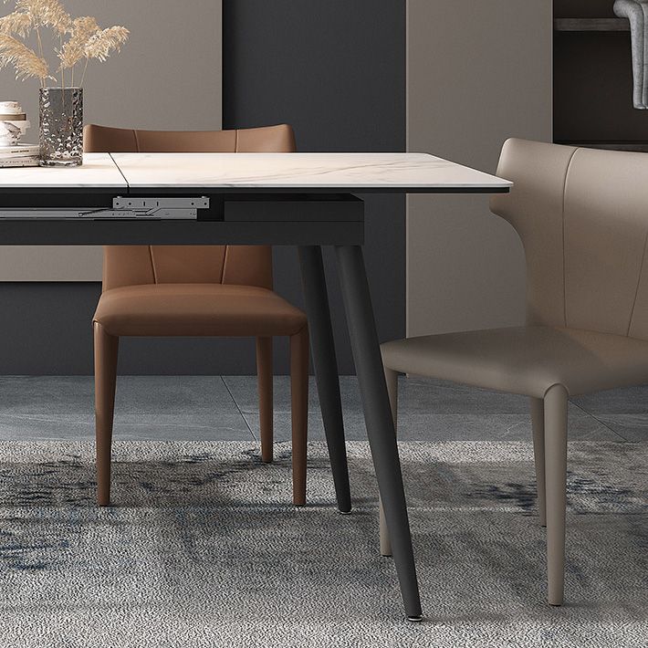 Mesa de comedor industrial extensible rectángulo Mesa de piedra sinterizada blanca con 4 piernas negras