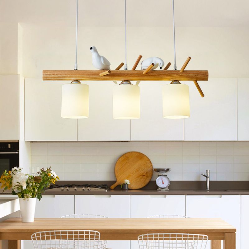 Modern Island Light Wooden Island Hanging Light with Glass Shade for Living Room