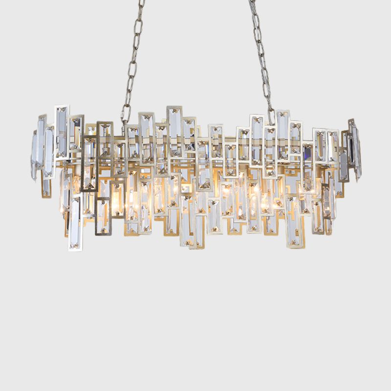 7 Bulbs Oval Frame Pendant Lamp Modern Black/Gold Clear Rectangular-Cut Crystals Encrusted Island Lighting