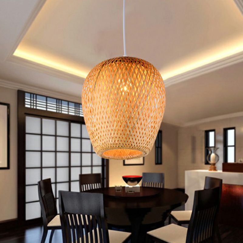 Sky Lantern Shaped Pendant Lighting Asian Bamboo Single-Bulb Study Room Hanging Lamp