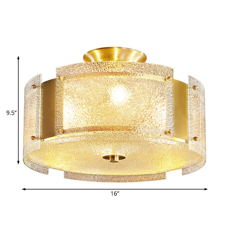 Brass Drum Semi Flush Mount Lamp Traditionary Textured Glass 4 Heads Ceiling Mounted Light for Living Room