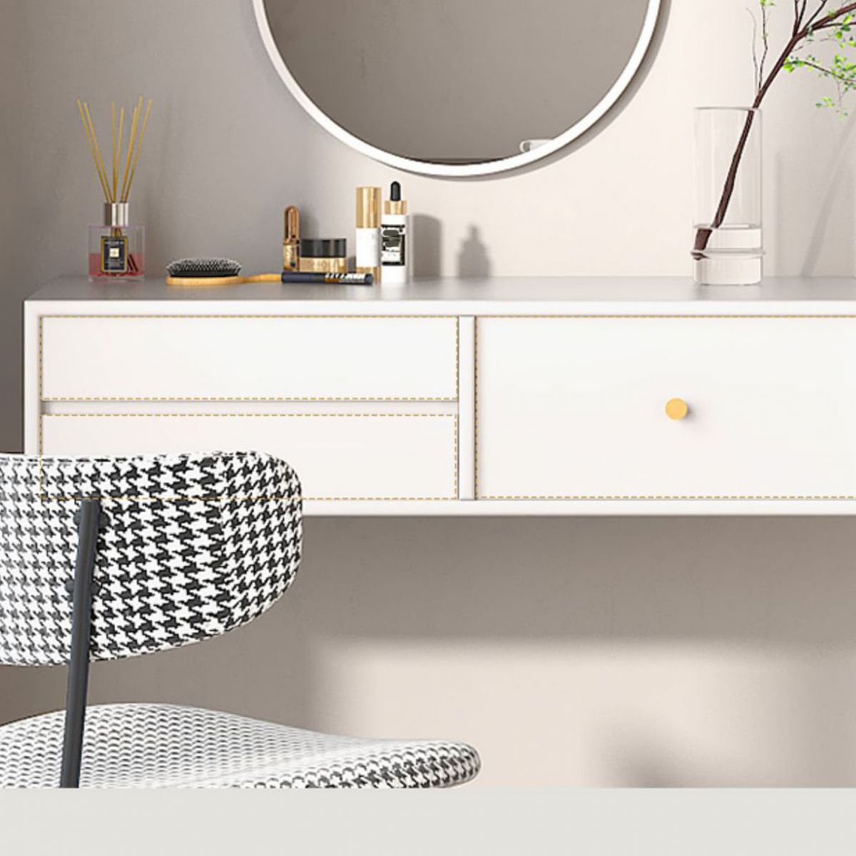 Contemporary Solid Wood Makeup Dressing Table Set with Stool