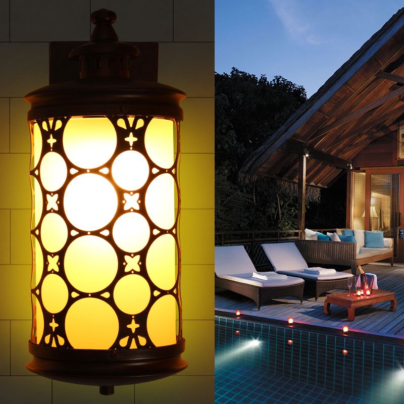 Rural Cylinder Wall Sconce Lamp Single Light Yellow Glass Wall Light in Bronze with Circle Design