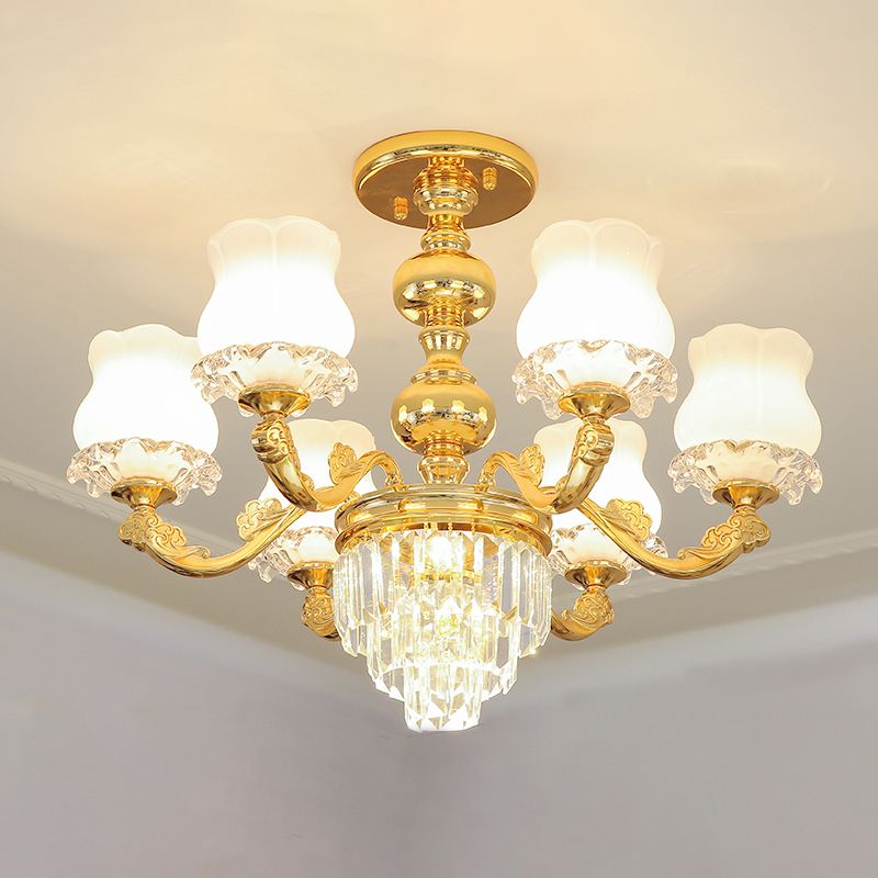 Retro Style Bud Suspension Light Cream Glass Chandelier Light with Layered Crystal Decor in Gold