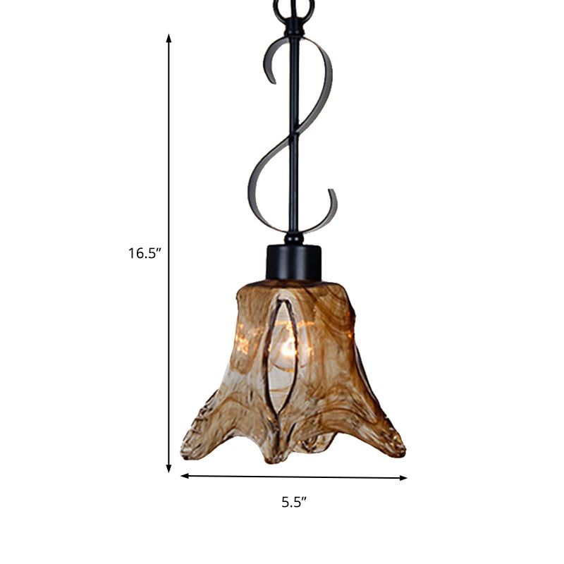 Flower Shape Dining Room Hanging Light Kit Traditional Tan Textured Glass 1 Light Black Pendant Lighting