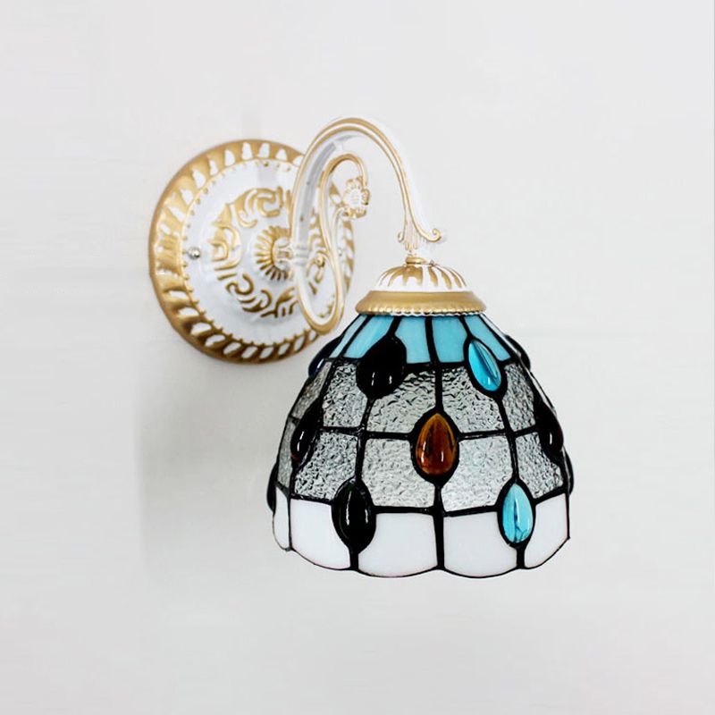 1-Head Scalloped Wall Light Tiffany Style Handcrafted Glass Wall Sconce for Living Room