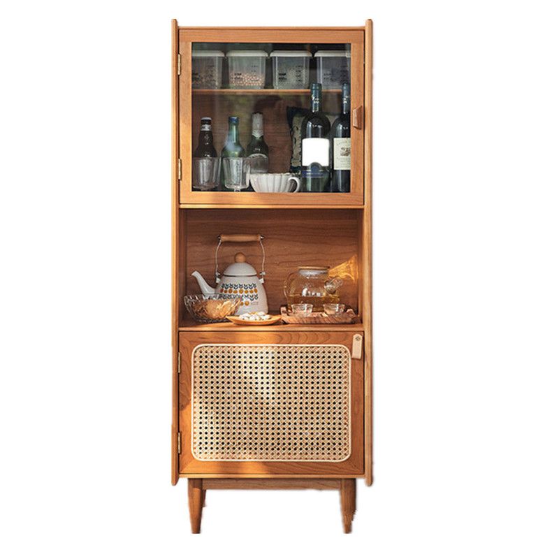 Glass Paned Cabinet Brown Pine and Cherry Accent Cabinet with Doors