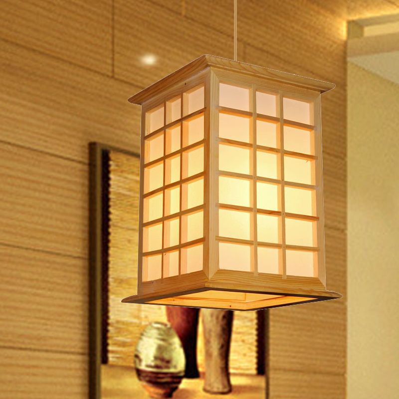 Asian 1 Head Pendant Light Beige House Suspended Lighting Fixture with Wood Shade