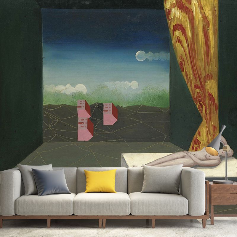 Surrealism Art Gallery Mural Decal Grey-Green Living Room Wall Covering, Made to Measure