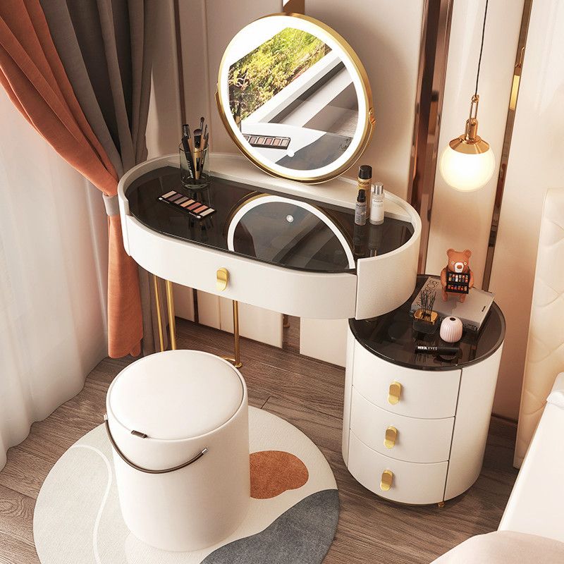 Glass Top Makeup Vanity Desk Lighted Mirror Vanity Dressing Table Set