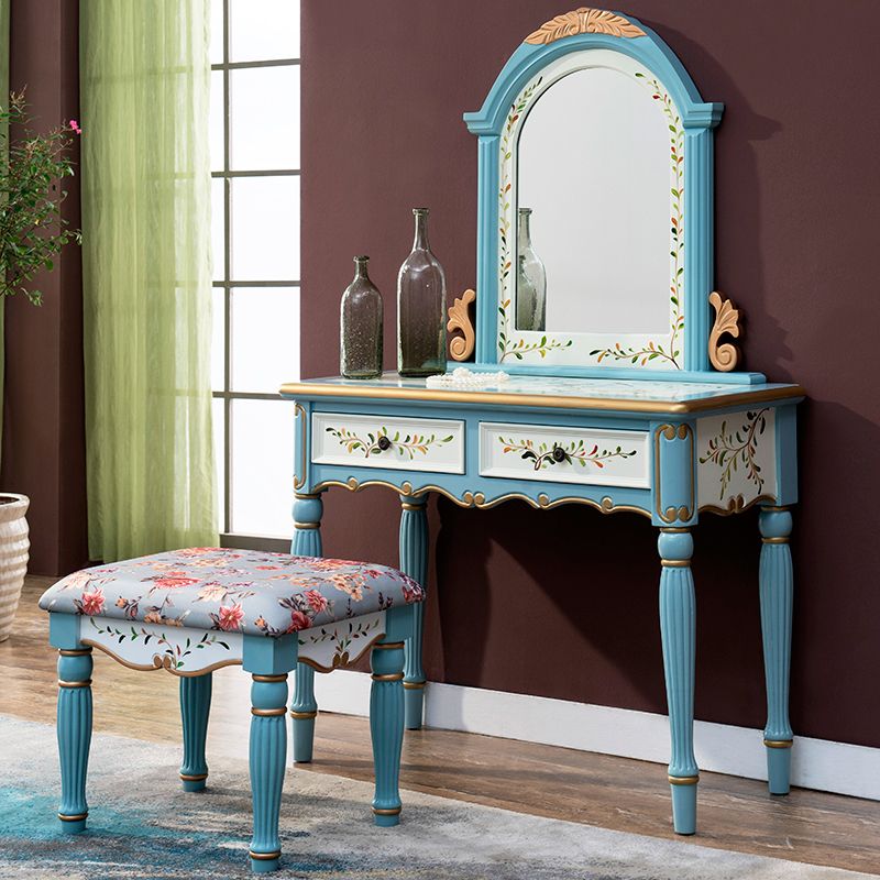 Victorian 2 Drawers MakeupTable Stool Set with Mirror for Bedroom