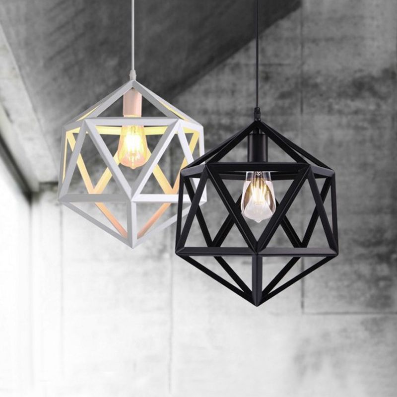 14"/16" Wide 1-Light Pendulum Light Industrial Dining Table Suspension Pendant with Geometric Iron Cage in Black