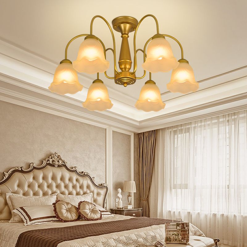 Traditional Flower Ceiling Lamp Frosted Glass Semi Flush Mount Light for Dining Room