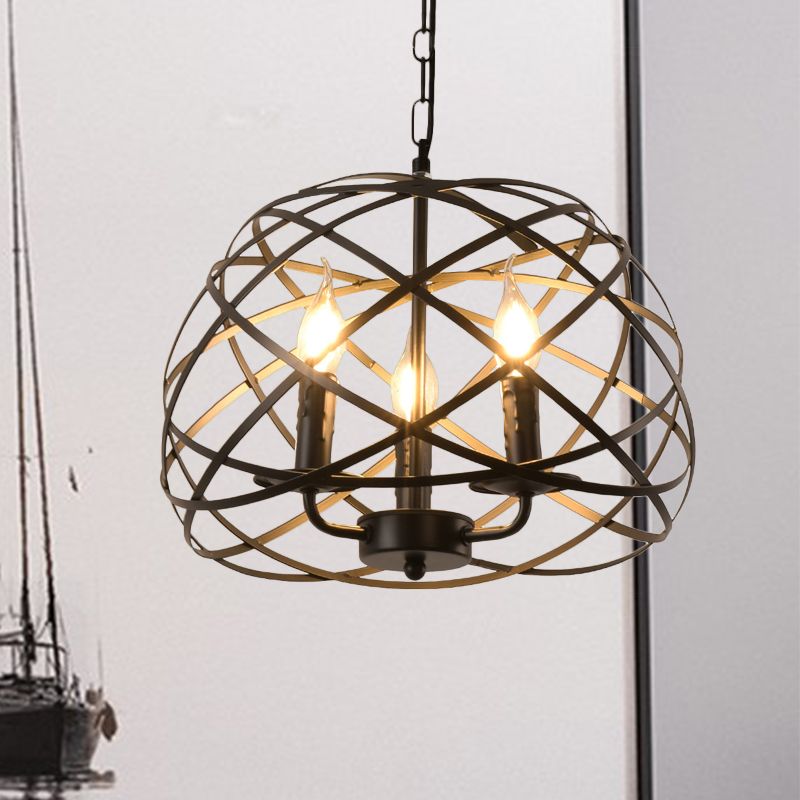 Antique Bird Nest Drop Pendant 3 Bulbs Metallic Hanging Chandelier with Candlestick Shade in Black