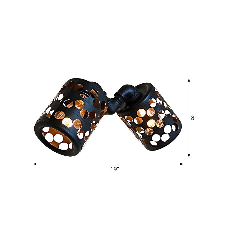Cylinder Outdoor Wall Lighting Antiqued Iron 2 Heads Black Finish Wall Mount Sconce with Hollow Out Design