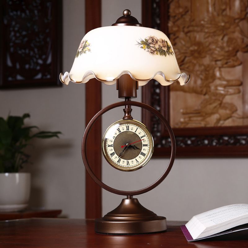 Roest 1 kop geplooide tafel licht vintage opaline glazen koepel leesboeklamp met ring en klok