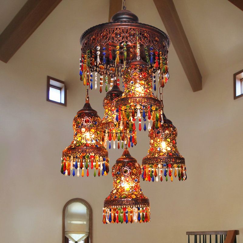 Metal Copper Ceiling Chandelier Curved 5 Bulbs Art Deco Down Lighting Pendant for Bedroom