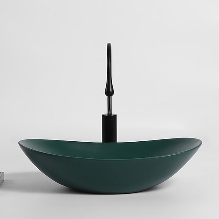 Modern Vessel Bathroom Sink Porcelain Oval with Pop-Up Drain and Faucet Vessel Sink