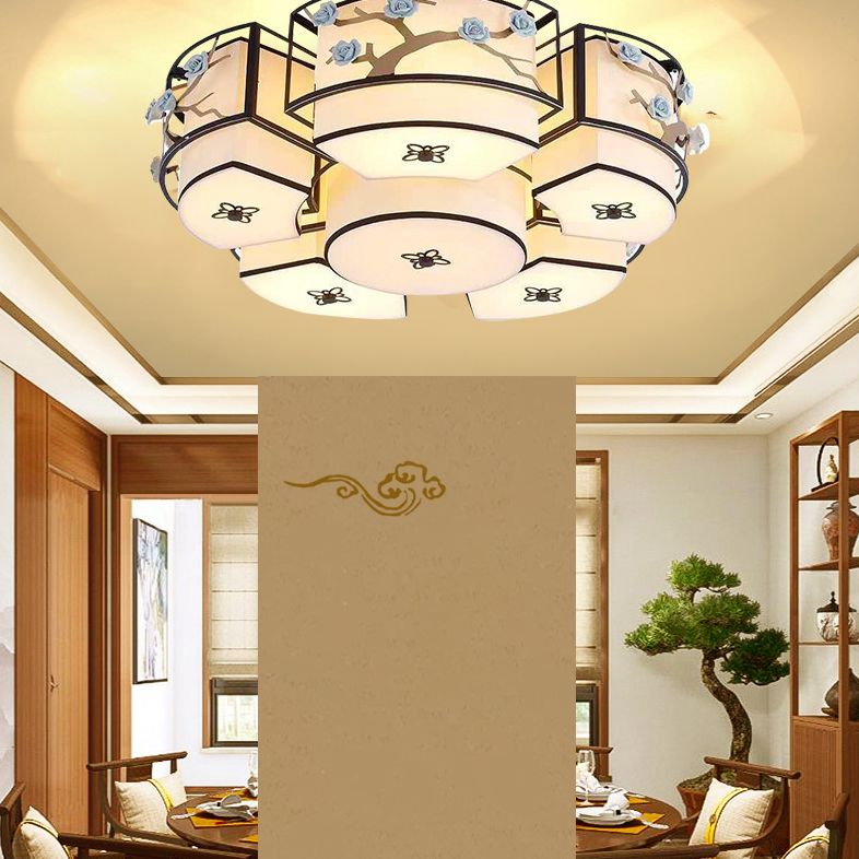 Fabric Circle Close to Ceiling Lighting Traditional Living Room Ceiling Flush Mount in Blue