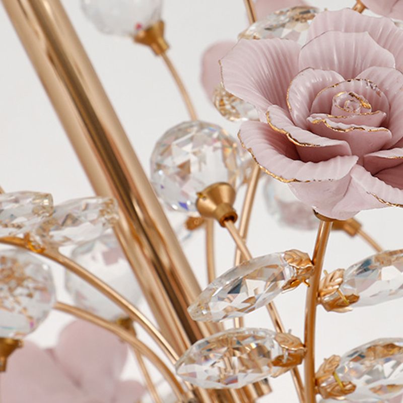 Luxury Crystal Chandelier Rural Ceramic Flower Living Room Hanging Light in Pink