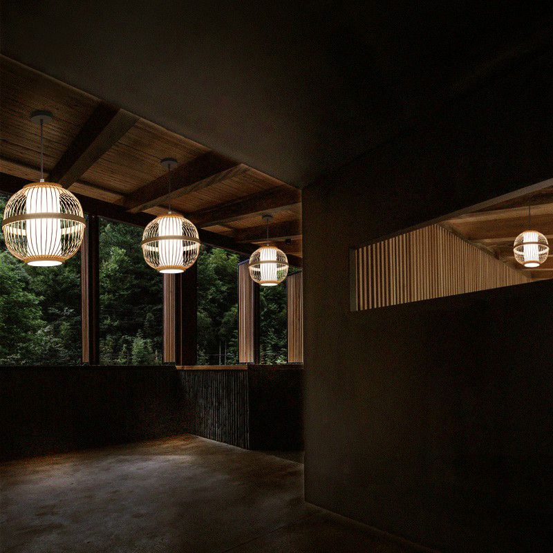 Kugel Deckenlampe Asien Bambus 1 Lampen -Tea -Zimmer hängende Anhänger Licht in Holz